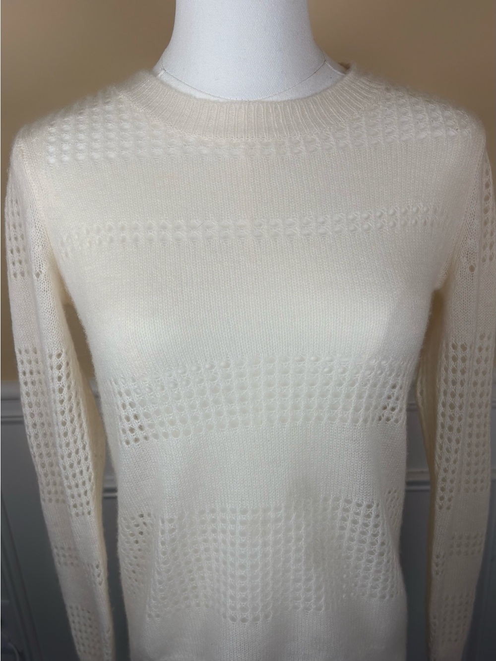 🤍 MINNIE ROSE 100% Cashmere Ivory Pointelle Open-Knit Sweater XS
